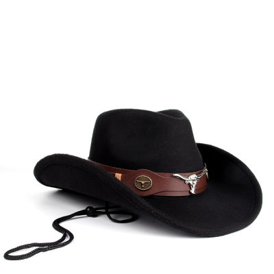 Women Men Wool Western Cowboy Hat With Roll Up Brim Jazz Cowgirl Cap With Bulls Head Belt Fedora Church Sombrero Cap