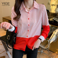 YIGE เสื้อเชิ้ตผ้าชีฟองสีแดงลายทางย้อนยุคสไตล์ใหม่,เสื้อสตรีแขนพองมีขนาดตั้งแต่ S ถึง XXL เสื้อเบลาส์ทางการลำลองแบบจีน2022