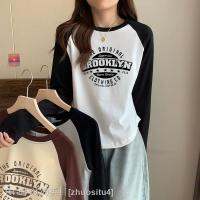 ☂☾ Contrast color raglan long-sleeved T-shirt for women 2022 spring autumn and winter spliced ​​pure cotton inner short style inner bottoming shirt top