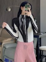 2023 Hot Miyake Top Womens Niche Design Pleated Half Turtle Collar Long Sleeve T-Shirt Printed Age-Reducing Versatile Slimming Bottoming Shirt