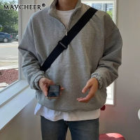 MAYCHEER เสื้อกันหนาวแขนยาวหลวมแบบสบายแนวย้อนยุคเสื้อฮู้ดแขนยาวลำลองคอตั้งสีเทาของผู้ชาย