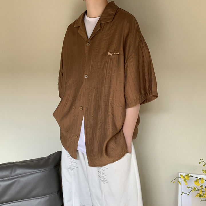 woma-เสื้อปกครึ่งแขนปักลายคิวบาของผู้ชาย-เสื้อทรงหลวมสไตล์ญี่ปุ่นเสื้อยึดขี้เกียจพรีเมี่ยม