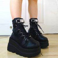 BONJOMARISA 2021 Brand Platform Designer Goth Cool Motorcyle Women Boots Punk Street Zipper Elastic Band Black Ladies Shoes