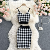 Sweet Plaid Knitted Two Piece Set Women Sexy Crop Top + Bodycon Mini Skirt Set Girls Short Vest &amp; Skirt Suits 2pcs Women Outfits