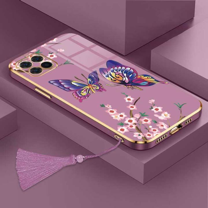 เคส-samsung-a22-5g-หรูหราผีเสื้อที่สวยงามพร้อมกล้องดอกไม้เคสโทรศัพท์ขอบซิลิโคนอ่อนนุ่มฟรีสายคล้อง