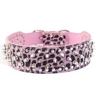 PU Leather Spiked Studded Dog Collar 2" Wide 31 Spikes 52 Studs-pink leopard L