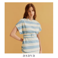 [asava ss23] Dalilah Striped Belt Blouse เสื้อผู้หญิง ผ้าลายทาง แขนสั้น แต่งแขนเสื้อ คอกลม แต่งคาดเข็มขัด ซิปหลัง