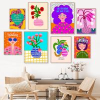 NewColorful Boho ห้องนั่งเล่นตกแต่งบ้านบวกชนิดสาวอ้างโปสเตอร์รูปภาพ Wall Art พิมพ์บทคัดย่อดอกไม้สีชมพูผ้าใบภาพวาด