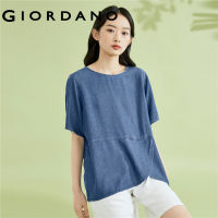 GIORDANO Women Shirts Tencel Short Sleeve Crewneck Summer Shirts Collage Curved Hem Summer Fashion Casual Denim Shirts 05343481