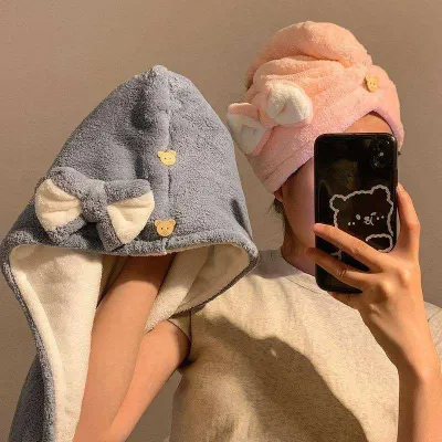 MUJI High-quality Thickening  Cute bowknot dry hair cap female high-value double-layer thickened super absorbent quick-drying shower cap shampoo head towel