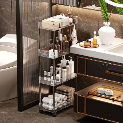 ที่เก็บของในห้องน้ำ New Floor-To-Ceiling Shelving Cart Multi-Functional Desktop Shelving Kitchen Bathroom Transparent Shelving Rack