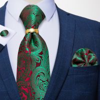 100 Silk Jacquard Woven Green Red Paisely Floral Men Tie Luxury 8cm Business Wedding Party Necktie Set Hanky Tie Ring DiBanGu