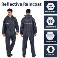 ชุดกันน้ำ ชุดกันฝน เสื้อกันฝน สีกรมท่า มีแถบสะท้อนแสง รุ่นหมวกติดเสื้อ Raincoat Rain Suit Bomart