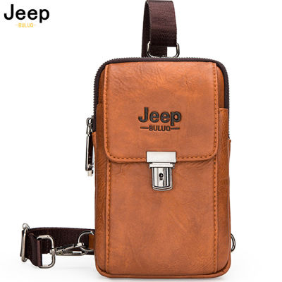 JEEP BULUO Split Leather Waist Packs Men Fanny Belt Fashion Phone Bags Chest Shoulder Male Small Casual Office Bag