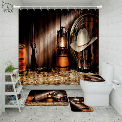Country Music Bathroom Set Vintage Western Cowboy Riding Horse Waterproof Shower Curtain Toilet Cover Mat Non Slip Rug Home Deco