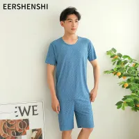 EERSHENSHI ชุดนอนแขนสั้นผ้าไอซ์ซิลค์สำหรับฤดูร้อนชุดสองชิ้น (เสื้อแขนสั้น + กางเกง) ชุดคู่สำหรับใส่อยู่บ้านแฟชั่นบางคอกลม