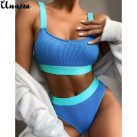 Unaiza High Waist Bikinis 2021 Swimsuits Bandeau Swimwear Women Splicing Biquini Beachwear Sports Ribbed Bathing Suits New