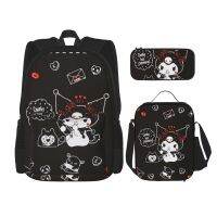 Sanrio Kuromi กระเป๋าเป้สะพายหลังสำหรับเด็กชายและเด็กหญิง,กระเป๋าเป้เด็กกระเป๋านักเรียนพร้อมกล่องดินสอและกระเป๋าอาหารกลางวันชุดสูท3ชิ้น