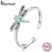 Bamoer 925 Sterling Silver Colorful Zircon Dragonfly Opening Ring Insect Ring for Women Trendy Fine Jewelry BSR384