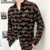 EERSHENSHI เสื้อเชิ้ตผู้ชาย,เสื้อลายพิมพ์แขนยาวดอกเดซี่เล็กดีไซน์ประณีตเสื้อเชิ้ตลำลองเสื้อซาตินสไตล์บาง