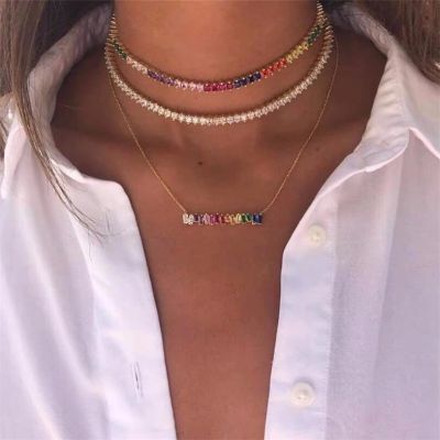 NEWESThigh quality rainbow baguetee cz bar geometric Pendant &amp; Necklaces colorful crystal Gold filled women fashion choker gifts Headbands