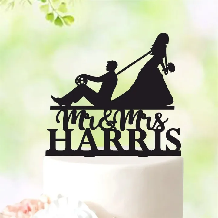 Personalized Name Soccer Wedding Cake Topper Acrylic Wood Bride Pulling ...