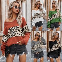 WomenS Casual Long Sleeve Off Shoulder Knitted Sweater Leopard Print Color Block Loose Pullover Tops