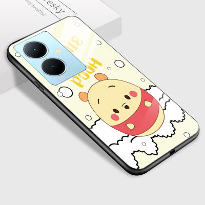 GGK เคส Vivo ลาย Y78 5ก. + 5ก. ลายการ์ตูนสำหรับผู้หญิงเคสไข่เมตตาสำหรับเด็กผู้หญิงเคสหลังกระจกนิรภัยลายมิกกี้เคสมันวาวหมีพู