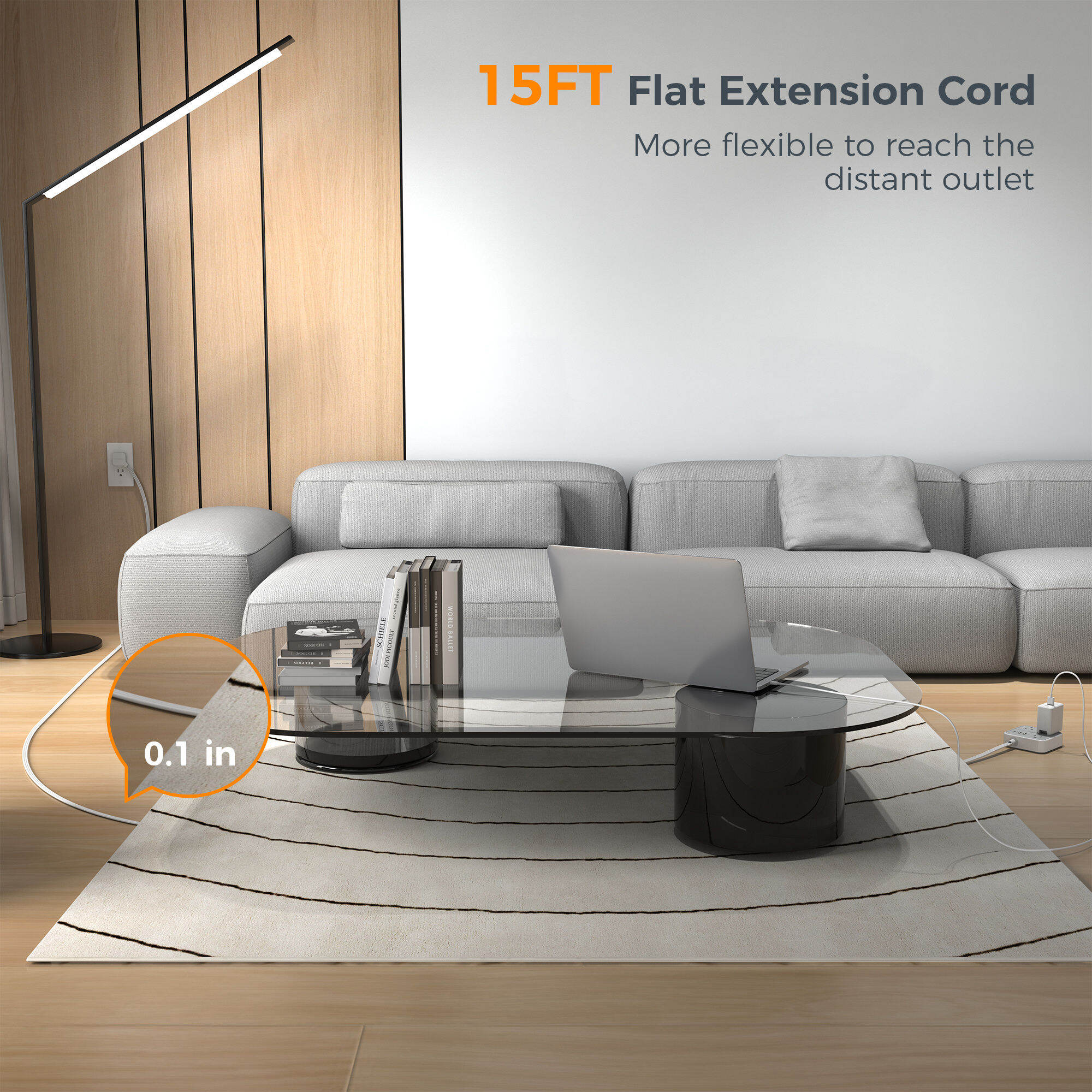 6 Way Ultra Thin Flat Extension Cord 4.5M with USB C Port, TESSAN Flat