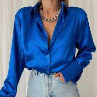 Satin Long Sleeve Blouses Women 2023 Vintage Blue Green Silk Shirt Women Casual Loose Button Up Down Shirts Elegant Tops 18913