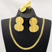 【lz】☢๑✶  Conjunto de jóias para mulheres e meninas brinco e colar anéis ajustáveis banhado a ouro nigeriano cobre aniversário jóias