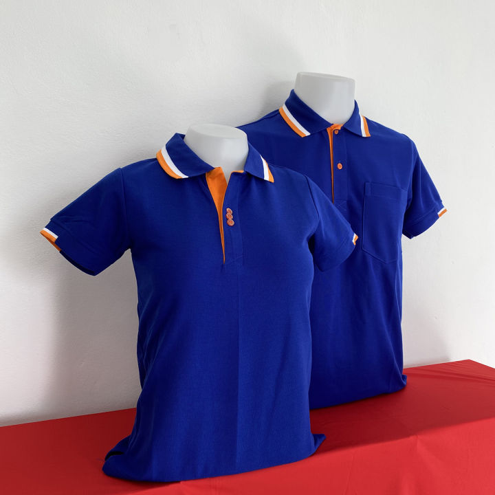 เสื้อโปโลชาย-polo-shirt-แบบชาย-สีน้ำเงินคอคลีปขาวส้ม-เป็นเสื้อโปโลคอปก-แขนสั้น-มีบริการส่งแบบเก็บเงินปลายทาง