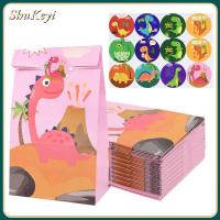 SHUKEYI 12Pcs ดิโนคำราม ถุงกระดาษของขวัญ การ์ตูนไดโนเสาร์ พร้อมสติกเกอร์ ถุงบรรจุภัณฑ์คุกกี้ขนม น่ารักน่ารักๆ หนาขึ้น ห่อของขวัญ อุปกรณ์ปาร์ตี้ป่าสำหรับเด็ก