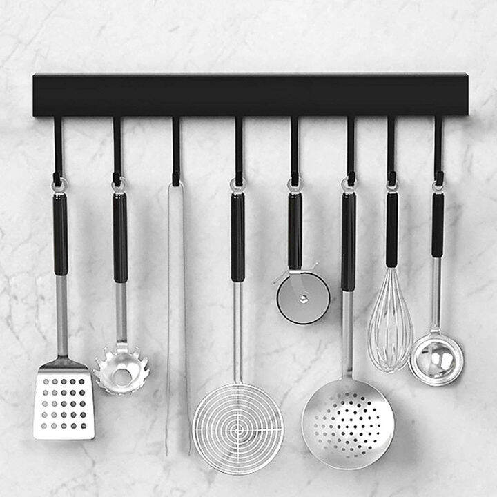 【YIDEA HONGKONG】Black Aluminum Strip 40 Cm 8 Hooks Free Punching Stainless Steel Kitchen Rack