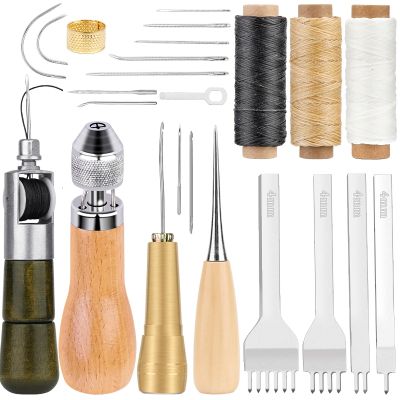 IMZAY Leather Sewing Tool Kit Leather Hand Stitcher Waxed Thread Copper Handle Awl Leather Punching Tool Big Eye Sewing Needles