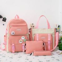 Women Laptop Backpack 4 Pcs Set Harajuku Canvas School Bags For Teenage Girls Kawaii College Student Kids Book Bag Rucksack