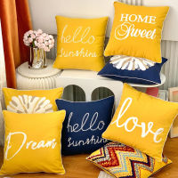 Handmade Cotton Canvas Plush Embroidery Cushion Cover With Rolling Strip Boho Ethnic Yellow Navy  words Pillow Cover 45x45cm Home Decoration