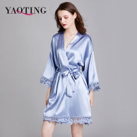 YAOTING New Sleepwear Robe Satin-silk Women Nightgown Flower Printed Long-sleeve Pajamas Bathrobe for Female