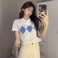 COD DTRUTYUYTUU Womens summer Korean new crop top fashion polo collar high waist casual T-shirt