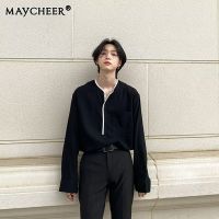 MAYCHEER เสื้อยืดแขนยาวเสื้อคอกลมอินเทรนด์,เสื้อยืดสไตล์เกาหลีดีไซน์สวย