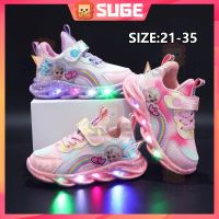 【Suge】รองเท้าผ้าใบลําลอง พื้นนิ่ม มีไฟ LED ลาย กันลื่น ระบายอากาศ สําหรับเด็กผู้หญิง นักเรียน