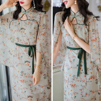 Summer Women Chiffon Floral Cheongsam Oriental Evening Party Qipao Vintage Floral Print Chinese Style Dress