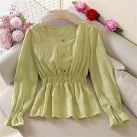 Autumn New Korean Version of The Waist Ruffled Long-sleeved Shirt All-match Solid Color Pleated Flared Sleeve Top