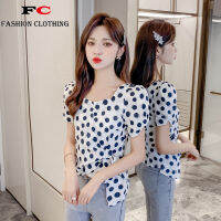 FC 2021 trendy square collar fashion tops new wave dot irregular bright hem slim short-sleeved blouse top