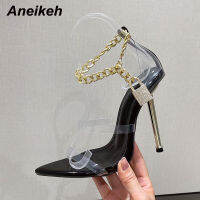 Aneikeh Sexy PVC Shallow Riband Pointed Toe Womens Sandals Summer Fashion Sweet Metal Buckle Strap Sewing Thin Heels  NEW