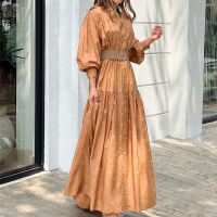 2022 New Women Casual Solid Pleated Maxi Dress Fashion Lantern Sleeve Party Dress Spring Elegant Loose Polka Dot Print Dresses