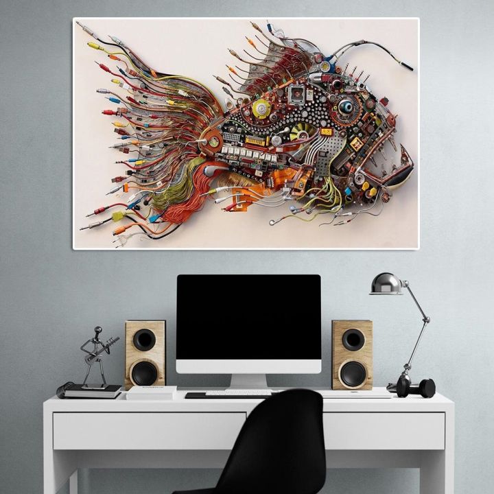 บทคัดย่อวิทยาศาสตร์ปลาอิเล็กทรอนิกส์-wall-art-พิมพ์ชิ้นส่วนคอมพิวเตอร์การ์ตูนโปสเตอร์สำนักงานแรงบันดาลใจผ้าใบจิตรกรรมตกแต่งบ้าน