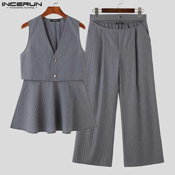 incerun-เสื้อลายขวางลำลองสำหรับผู้ชาย-2ชิ้นแขนกุดมีรูระบายชุดสูททางการ-เสื้อผ้าลำลอง-3