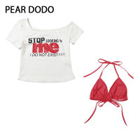 PEAR DODO ชุดเสื้อยืด + บราเปิดสั้นสำหรับผู้หญิงเสื้อแขนสั้นเซ็กซี่เกาหลี (แยกสั่งซื้อ)