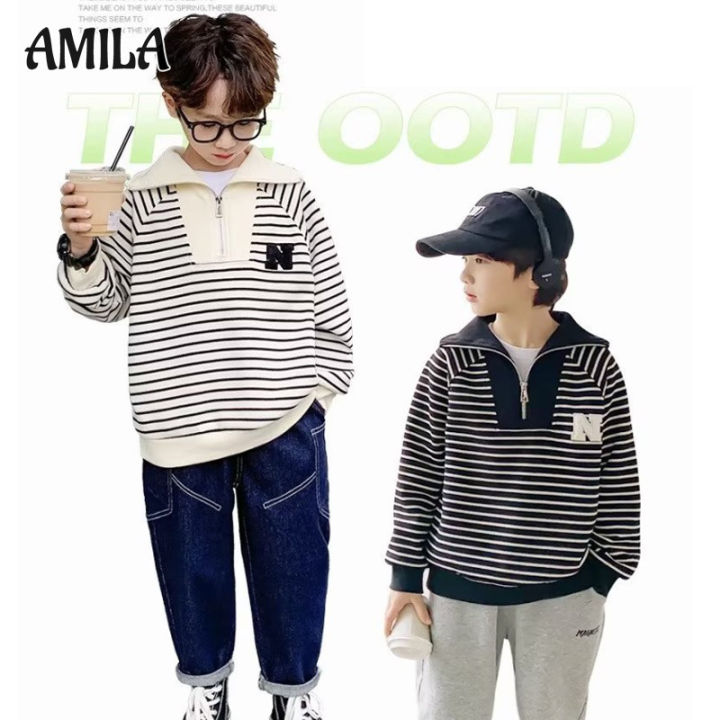 amila-เสื้อสเวตเตอร์-เด็กผู้ชาย-เสื้อแฟชั่นแขนยาวคอปกลายทาง